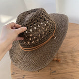 Load image into Gallery viewer, Summer hand-woven western cowboy hat women's visor drawstring windproof fisherman men's outdoor vacation top hat