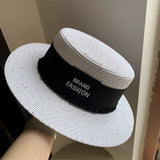 Load image into Gallery viewer, Hat Women's Summer Casual Beach Hat Seaside Shade Sun Protection Straw Hat White Flat Top Small Fresh Wide Rim Top Hat