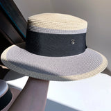 Load image into Gallery viewer, Straw hat women's summer big eaves beach seaside shade navy blue color matching flat top sun hat British versatile top hat