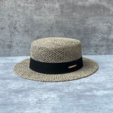 Load image into Gallery viewer, French retro salty grass hollow sun hat men and women seaside vacation travel beach flat top hat elegant straw hat