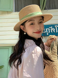 Load image into Gallery viewer, Hepburn French flat-top straw hat children's seaside vacation sunshade sunscreen hat big head circumference