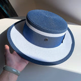 Load image into Gallery viewer, Straw hat women's summer big eaves beach seaside shade navy blue color matching flat top sun hat British versatile top hat