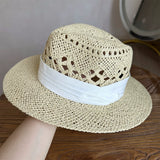 Load image into Gallery viewer, White straw hat women's summer hand-woven Panama jazz straw hat sunshade sunscreen seaside vacation top hat
