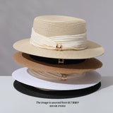 Load image into Gallery viewer, Straw flat top hat women's summer seaside beach sunshade sunscreen straw hat pleated photo good-looking simple sun hat