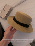 Load image into Gallery viewer, Hepburn French flat-top straw hat children's seaside vacation sunshade sunscreen hat big head circumference