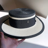 Load image into Gallery viewer, Straw hat women's summer big eaves beach seaside shade navy blue color matching flat top sun hat British versatile top hat