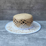 Load image into Gallery viewer, Summer French hand-woven raffia flat-top hat women's retro lace straw Hepburn wind travel sun protection shade straw hat