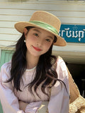 Load image into Gallery viewer, Hepburn French flat-top straw hat children's seaside vacation sunshade sunscreen hat big head circumference