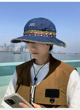 Load image into Gallery viewer, Ethnic style embroidery large brim fisherman's hat men's outdoor travel sunscreen summer visor breathable denim hat thin