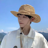Load image into Gallery viewer, Vacation style straw woven sunscreen visor hat for men summer travel seaside hollow breathable big eaves western denim straw hat
