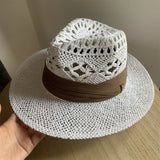 Load image into Gallery viewer, White straw hat women's summer hand-woven Panama jazz straw hat sunshade sunscreen seaside vacation top hat