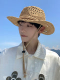 Load image into Gallery viewer, Vacation style straw woven sunscreen visor hat for men summer travel seaside hollow breathable big eaves western denim straw hat