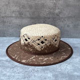 Load image into Gallery viewer, Summer French hand-woven raffia flat-top hat women's retro lace straw Hepburn wind travel sun protection shade straw hat