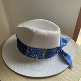 Load image into Gallery viewer, White Top Hat Women's Resort Beach Hat Blue Ribbon Sunscreen Sun Hat Straw Hat Women's Seaside Sun Hat Tide
