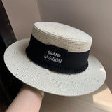 Load image into Gallery viewer, Hat Women's Summer Casual Beach Hat Seaside Shade Sun Protection Straw Hat White Flat Top Small Fresh Wide Rim Top Hat