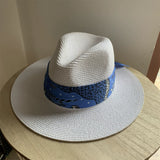 Load image into Gallery viewer, White Top Hat Women's Resort Beach Hat Blue Ribbon Sunscreen Sun Hat Straw Hat Women's Seaside Sun Hat Tide