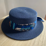 Load image into Gallery viewer, Korean version navy blue elegant straw hat flat top hat wide brim straw woven top hat women's summer hat sun protection UV protection travel