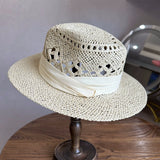 Load image into Gallery viewer, White straw hat women's summer hand-woven Panama jazz straw hat sunshade sunscreen seaside vacation top hat