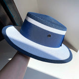 Load image into Gallery viewer, Straw hat women's summer big eaves beach seaside shade navy blue color matching flat top sun hat British versatile top hat