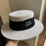 Load image into Gallery viewer, Hat Women's Summer Casual Beach Hat Seaside Shade Sun Protection Straw Hat White Flat Top Small Fresh Wide Rim Top Hat