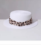Load image into Gallery viewer, French brim flat top straw hat leopard print decoration women's summer sun protection sunshade resort beach hat woven sun hat