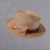 Load image into Gallery viewer, Old money wind flat top straw hat women's French bow elegant top hat summer sunshade sunscreen hat seaside vacation hat