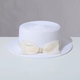 Load image into Gallery viewer, Old money wind flat top straw hat women's French bow elegant top hat summer sunshade sunscreen hat seaside vacation hat