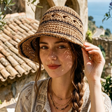 Load image into Gallery viewer, Boho Vintage Handmade Hollow Out Crochet Brown Black Stripe Wide Brim Sun Bucket Hat