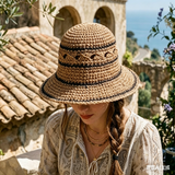Load image into Gallery viewer, Boho Vintage Handmade Hollow Out Crochet Brown Black Stripe Wide Brim Sun Bucket Hat