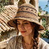 Load image into Gallery viewer, Boho Vintage Handmade Hollow Out Crochet Brown Black Stripe Wide Brim Sun Bucket Hat