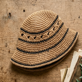 Load image into Gallery viewer, Boho Vintage Handmade Hollow Out Crochet Brown Black Stripe Wide Brim Sun Bucket Hat