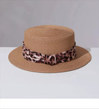 Load image into Gallery viewer, French brim flat top straw hat leopard print decoration women's summer sun protection sunshade resort beach hat woven sun hat