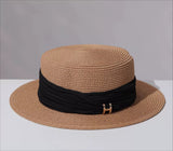 Load image into Gallery viewer, Straw flat top hat women's summer seaside beach sunshade sunscreen straw hat pleated photo good-looking simple sun hat