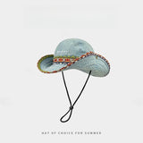 Load image into Gallery viewer, Ethnic style embroidery large brim fisherman's hat men's outdoor travel sunscreen summer visor breathable denim hat thin