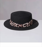 Load image into Gallery viewer, French brim flat top straw hat leopard print decoration women's summer sun protection sunshade resort beach hat woven sun hat