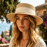 Load image into Gallery viewer, French Elegant Flat Top Wide Brim Pearl Trim Satin Band Straw Sun Hat