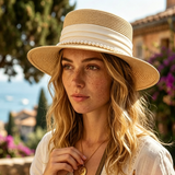 Load image into Gallery viewer, French Elegant Flat Top Wide Brim Pearl Trim Satin Band Straw Sun Hat