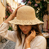 Load image into Gallery viewer, Handmade French Crochet Lace Brim Straw Sun Bucket Hat