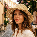 Load image into Gallery viewer, Handmade French Crochet Lace Brim Straw Sun Bucket Hat
