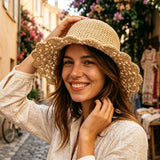 Load image into Gallery viewer, Handmade French Crochet Lace Brim Straw Sun Bucket Hat