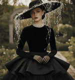 Load image into Gallery viewer, icevellyyy black velvet wide-brimmed hat with cascading pearl and silver bead embellishments, perfect for formal events.