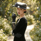 Load image into Gallery viewer, icevellyyy black velvet-like wide brim hat with white band, black bow, veil with pearls, for special occasions.