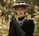 Load image into Gallery viewer, icevellyyy black wide brim hat with white floral embellishment and veil, elegant vintage accessory