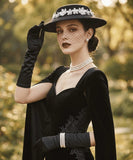 Load image into Gallery viewer, icevellyyy black wide brim hat with white floral embellishment and veil, elegant vintage accessory for special occasions.