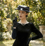 Load image into Gallery viewer, icevellyyy elegant vintage wide brim hat with veil, black velvet-like material, white band, black bow, pearl-dotted netting.