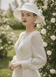 Load image into Gallery viewer, icevellyyy white satin-like wide-brimmed hat with netting veil, bow, and floral embroidery. Perfect for weddings.
