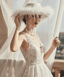 Load image into Gallery viewer, icevellyyy white feathered bridal hat with pearl bead veil and wide brim