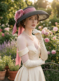 Load image into Gallery viewer, icevellyyy wide brim hat with pink silk flower and ribbon, worn by a woman in a garden setting.